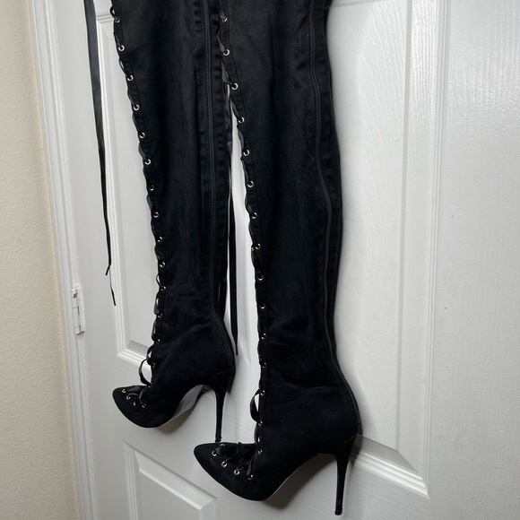 Lace Up Black Thigh High Stiletto Boots - Picture 10 of 14